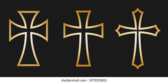 Cross vector shape symbol. Christianity sign. Christian religion icon. Catholic and protestant faith logo or image. Teutonic crusader label. Gothic crusade crucifix.