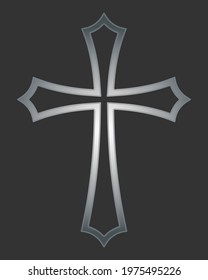 Cross vector shape symbol. Christianity sign. Christian religion icon. Metal silver color. Catholic and protestant faith logo or image. Teutonic crusader label. Gothic crusade iron crucifix.