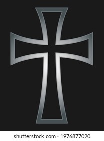 Cross vector shape symbol. Christianity sign. Christian religion icon. Metal silver color. Catholic and protestant faith logo or image. Teutonic crusader label. Gothic crusade iron crucifix.