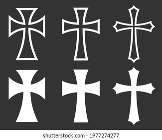 Cross vector shape symbol. Christianity sign. Christian religion icon. Catholic and protestant faith logo or image. Teutonic crusader label. Gothic crusade crucifix.