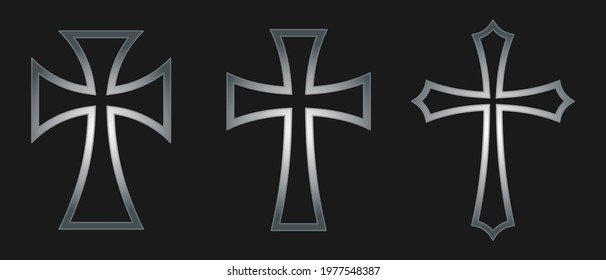 Cross vector shape symbol. Christianity sign. Christian religion icon. Metal silver color. Catholic and protestant faith logo or image. Teutonic crusader label. Gothic crusade iron crucifix.