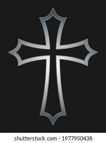 Cross vector shape symbol. Christianity sign. Christian religion icon. Metal silver color. Catholic and protestant faith logo or image. Teutonic crusader label. Gothic crusade iron crucifix.