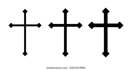 Símbolo de forma de vector cruzado. Signo de cristiandad. Icono de la religión cristiana. Logo o imagen de la fe católica y protestante. Etiqueta de cruzado teutónico. Crucifijo de cruzada gótica.