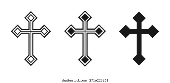 Símbolo de forma de vetor cruzado. Símbolo de cristianismo. Ícone da religião cristã. Logótipo ou imagem da fé católica e protestante. Rótulo de cruzado teutônico. Crucifixo de cruzada gótica.