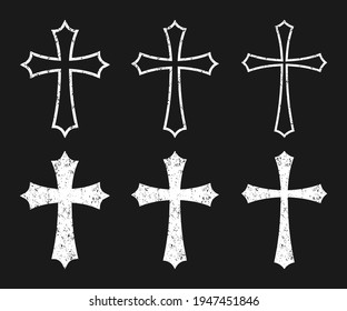 Cross vector shape symbol with grunge texture set. Christianity sign collection. Christian religion icon. Catholic and protestant faith logo or image. Teutonic crusader label. Gothic crusade crucifix.