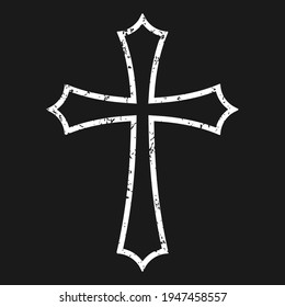 Cross vector shape symbol with grunge texture. Christianity sign. Christian religion icon. Catholic and protestant faith logo or image. Teutonic crusader label. Gothic crusade crucifix.