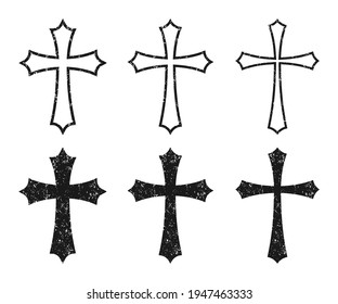 Cross vector shape symbol with grunge texture set. Christianity sign collection. Christian religion icon. Catholic and protestant faith logo or image. Teutonic crusader label. Gothic crusade crucifix.