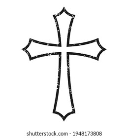 Cross vector shape symbol with grunge texture. Christianity sign. Christian religion icon. Catholic and protestant faith logo or image. Teutonic crusader label. Gothic crusade crucifix.