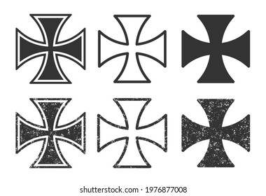 Cross vector shape symbol with grunge texture. Christianity sign. Christian religion icon. Catholic and protestant faith logo or image. Teutonic crusader label. Gothic crusade crucifix.