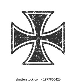 Cross vector shape symbol with grunge texture. Christianity sign. Christian religion icon. Catholic and protestant faith logo or image. Teutonic crusader label. Gothic crusade crucifix.