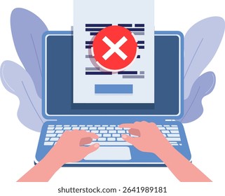 A cross warning or rejection message appears in the data filling process. Pop-up failed to save data. Isolated background vector