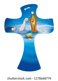 Cross whit vector nativity scene on blue background. Jesus Mary Joseph