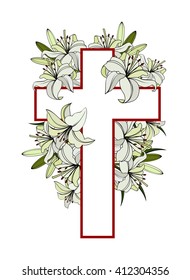 Cross with white lilies. Christian symbol of purity and innocence. colored vector illustrations isolated on white background.