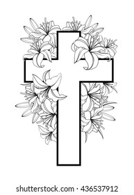 Cross with white lilies. Christian symbol of purity and innocence. black and white vector illustrations isolated on white background.