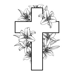 Cross With White Lillies. Christian Symbol. Vector Illustration. Easter Christian Motive . Resurrection.