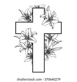 Cross with white lillies. Christian Symbol. Vector illustration. Easter christian motive . Resurrection.