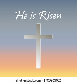 The cross is white on a background with a gradient with the inscription below "He is risen." Vector illustration. Stock Photo.