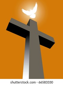 Cross with a white pigeon on an orange background