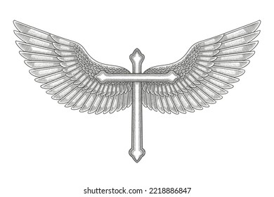 Cruce con las alas dibujando en estilo grabado. Ilustración vectorial