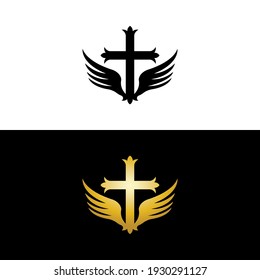 Cross wings Gold and Black for Church Logo Vector template creative icon design