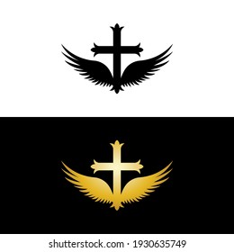 Cross wings Gold and Black for Church Logo Vector template creative icon design