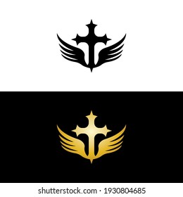 Cross wings Gold and Black for Church Logo Vector template creative icon design