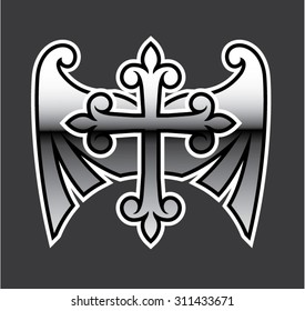 Cross with wings gunmetal chrome Vector Icon
