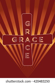The cross with the word grace on an abstract background with sunbeams.