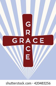 The cross with the word grace on an abstract background with sunbeams.