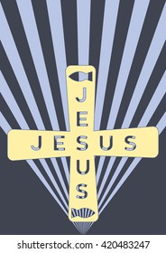 The cross with the word Jesus on an abstract background with sunbeams.