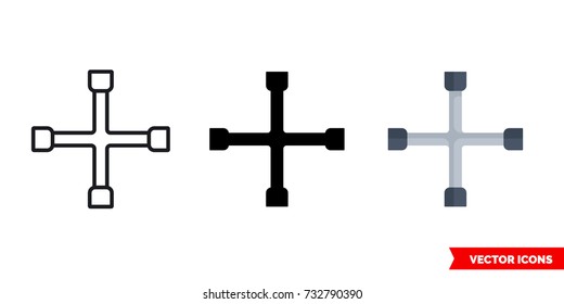 Cross wrench icon of 3 types: color, black and white, outline. Isolated vector sign symbol.