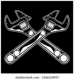 Cross wrench vector illustrations for garage, bike, racing shirt design concept, poster element. Isolated on black background. Eps 10