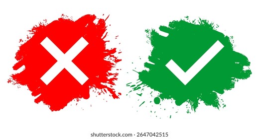 Cross wrong and right check with grunge splashes and ink splatters vector, combining validation with a raw, artistic, distressed feel. edgy feedback, abstract assessments, or dynamic status indicators
