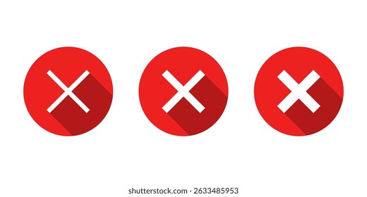 Cross x icon set in on long shadow. Wrong, error, close sign symbol
