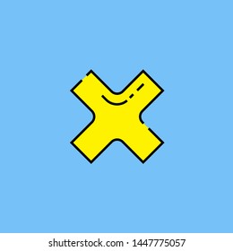Cross x line icon. Yellow cancel or exit check mark sign isolated on blue background. Multiply symbol. Vector illustration.