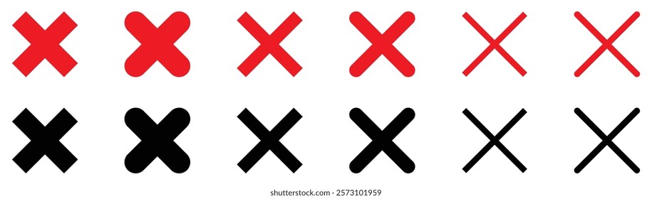 Cross x mark icon collection. Set of cross x mark vector icons red and black color. Wrong mark sign symbol. Cross sign. Cross x for check box. False icon symbol. Reject and cancel vector illustration.