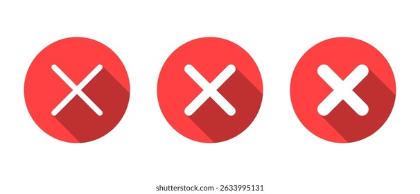 Cross, x mark icon set with long shadow. Wrong, error, close sign symbol