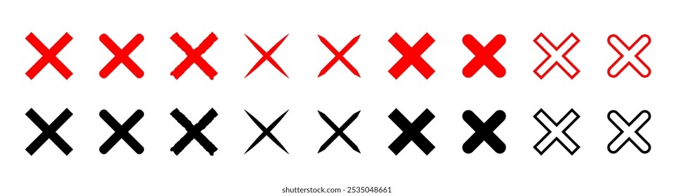 Símbolo X em cruz. Ícone Cancelar definido. Vetor do sinal de proibição. Conjunto de sinais de cruz vermelha e preta. Coleção de marcas incorreta. 