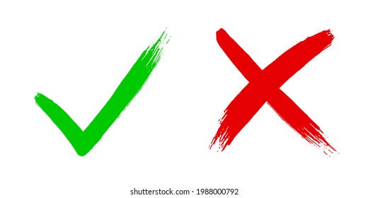 Cross x and tick v OK check mark vector illustration isolated on white background. Two dirty grunge hand drawn brush strokes Check mark symbol NO and YES buttons for vote in checkbox for web.