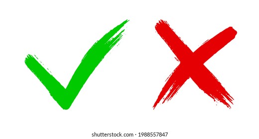 Cross x and tick v OK check mark vector illustration isolated on white background. Two dirty grunge hand drawn brush strokes Check mark symbol NO and YES buttons for vote in checkbox for web.