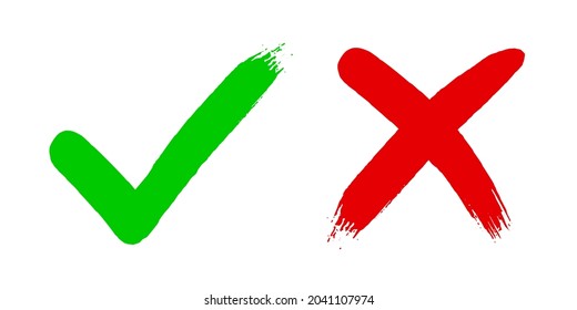 Cruzar x y marcar v Aceptar marca de verificación ilustración vectorial aislada en fondo blanco. Dos pinceladas de brocha con mano de grueso sucio Marcar los botones NO y SÍ para votar en la casilla de verificación para la web.