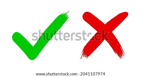 Cross x and tick v OK check mark vector illustration isolated on white background. Two dirty grunge hand drawn brush strokes Check mark symbol NO and YES buttons for vote in checkbox for web.