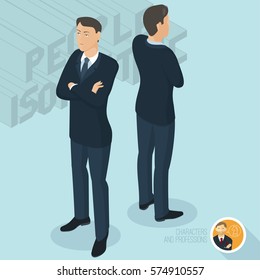 Cross-armed businessman, front and back view. Isometric 3d flat design vector people different characters, styles and professions, full length diverse acting poses collection.