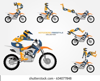 Crossbike set. Different motorbike tricks, flat style.