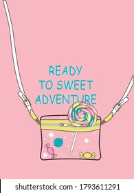 Crossbody bag with candys. Print for girls t shirt. Vector illustration.