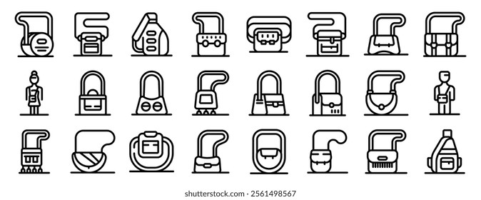 Crossbody icons set. Cleaning lady holding cleaning supplies and various types of bags, including handbags, purses, backpacks, and cleaning supply bags