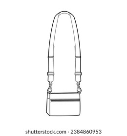 Pouchbeutel mit herausnehmbarem Bandbreitenoptionskasten mit Silhouette. Technische Illustration zum Mode-Accessoire. Vektorgrafik-Vorderansicht 3-4 für Männer, Frauen, Unisex-Stil, flache Handtasche-CAD-Mockup-Skizze