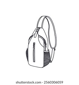 Crossbody sling bag travel hiking chest bag daypack line art. Outline vector doodle illustration front and side view. Isolated on a white background