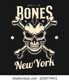 Crossbone skull vintage design logo vector with monochrome style