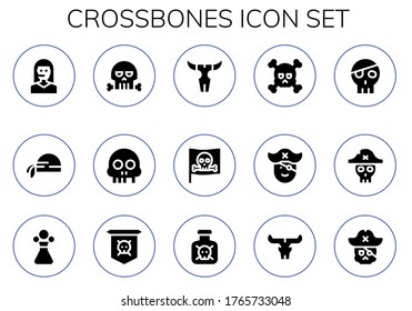 conjunto de iconos cruzados. 15 iconos cruzados rellenos. Teleoperadora incluida, bufanda pirata, cráneo, pirata, veneno, jolly roger, iconos tóxicos